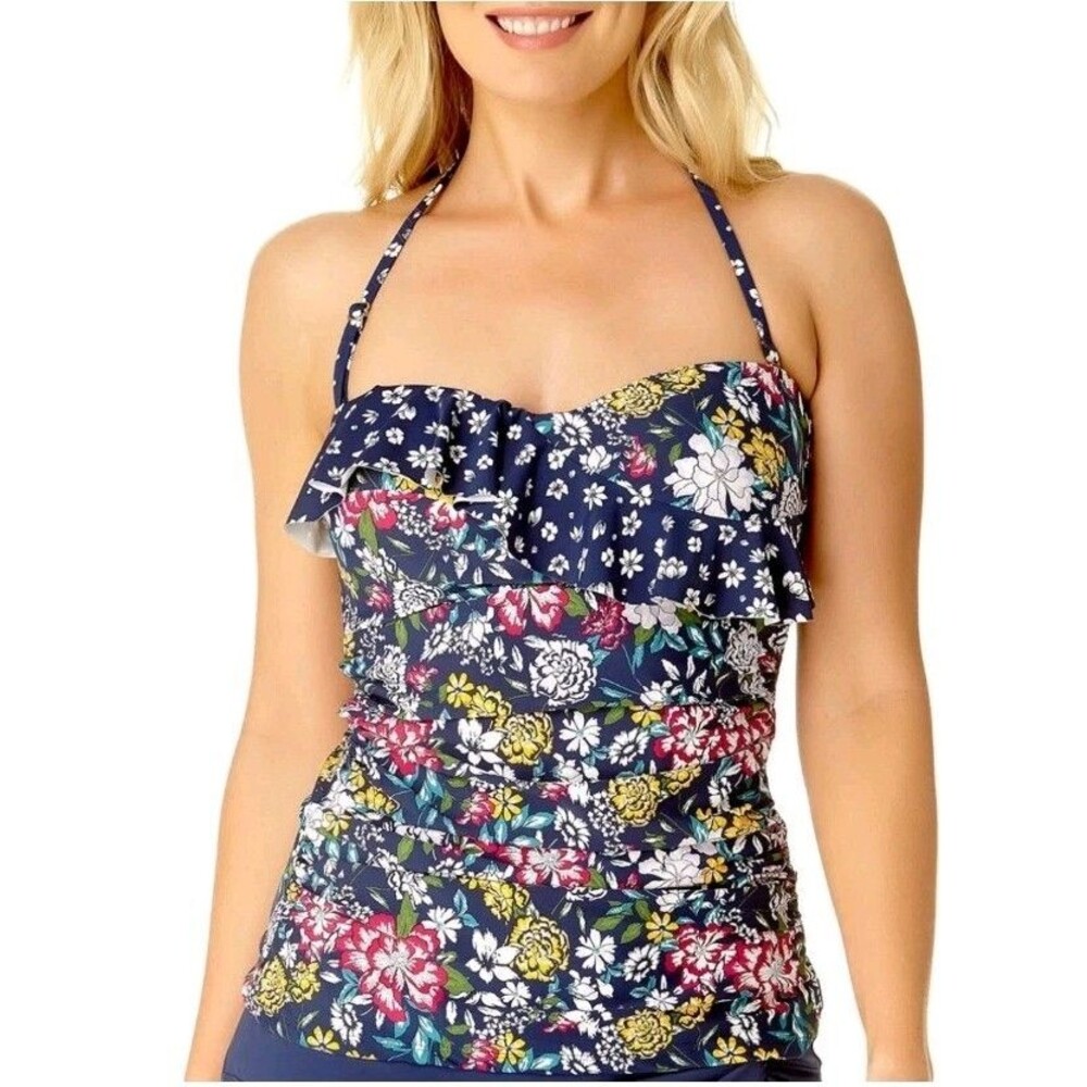 Liz Claiborne Swimwear Navy Flower Bandeau Tankini Swim Top Size Medium - Picture 7 of 9